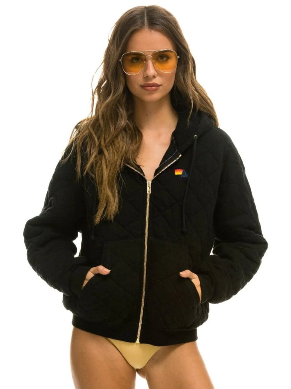 Aviator Nation Quilted Zip Hoodie Relaxed Black Size XS